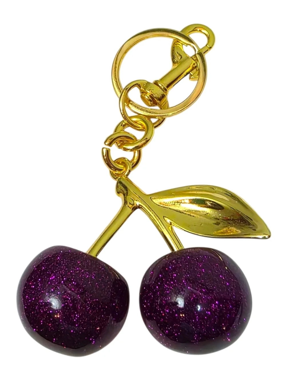 Large Purple Glitter Cherry Charm with shiny Gold Hardware